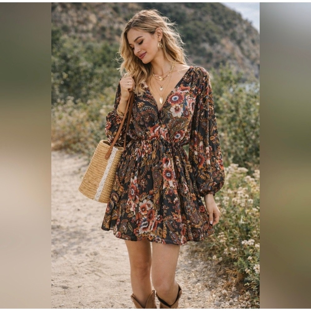 Free People High Plains boho balloon sleeve mini dress Paisley XS
